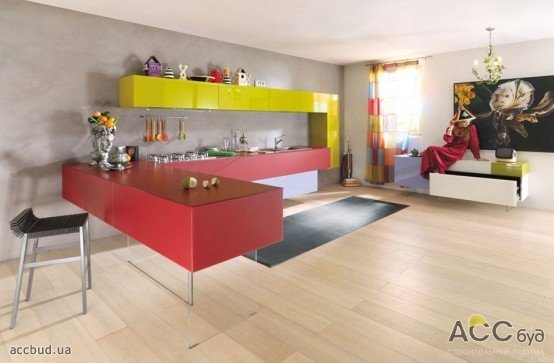 Красная кухня с жёлтыми полочками